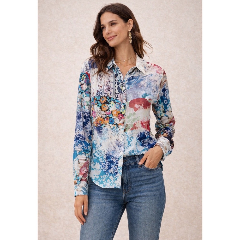 Women Button Down Shirt Patchwork Pattern Art To … - image 1